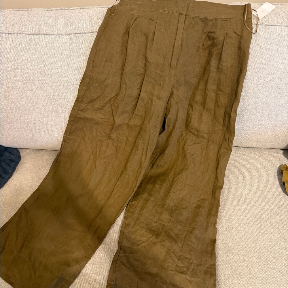 NWT Magaschoni Olive Green Wide-Leg Linen Chinos